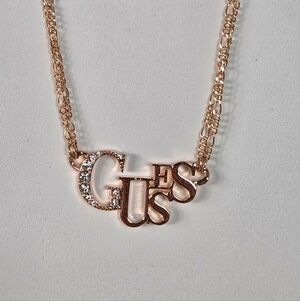 Guess Rose Gold Tone Double Chains Necklace With Guess Sign Rhinestones
